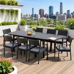 Outdoor Dining Set 9 Piece Extendable Table 8 Chairs Patio Furniture Black