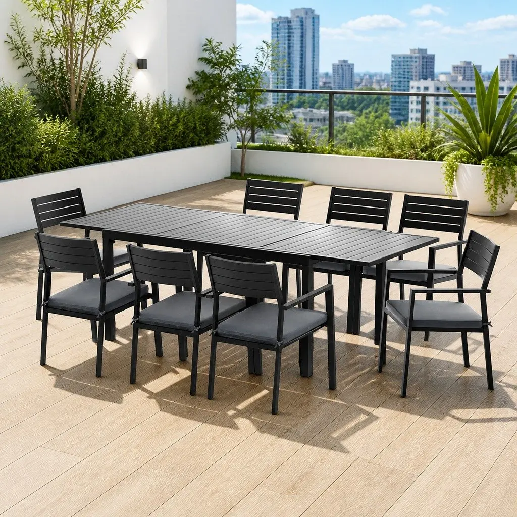 Outdoor Dining Set Black 9 Piece Extendable Aluminium Table and Chairs