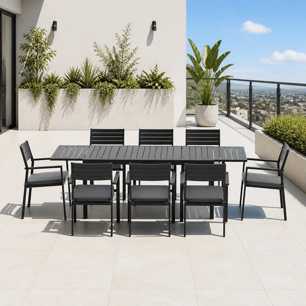 Outdoor Dining Set Black 9 Piece Extendable Aluminium Table and Chairs