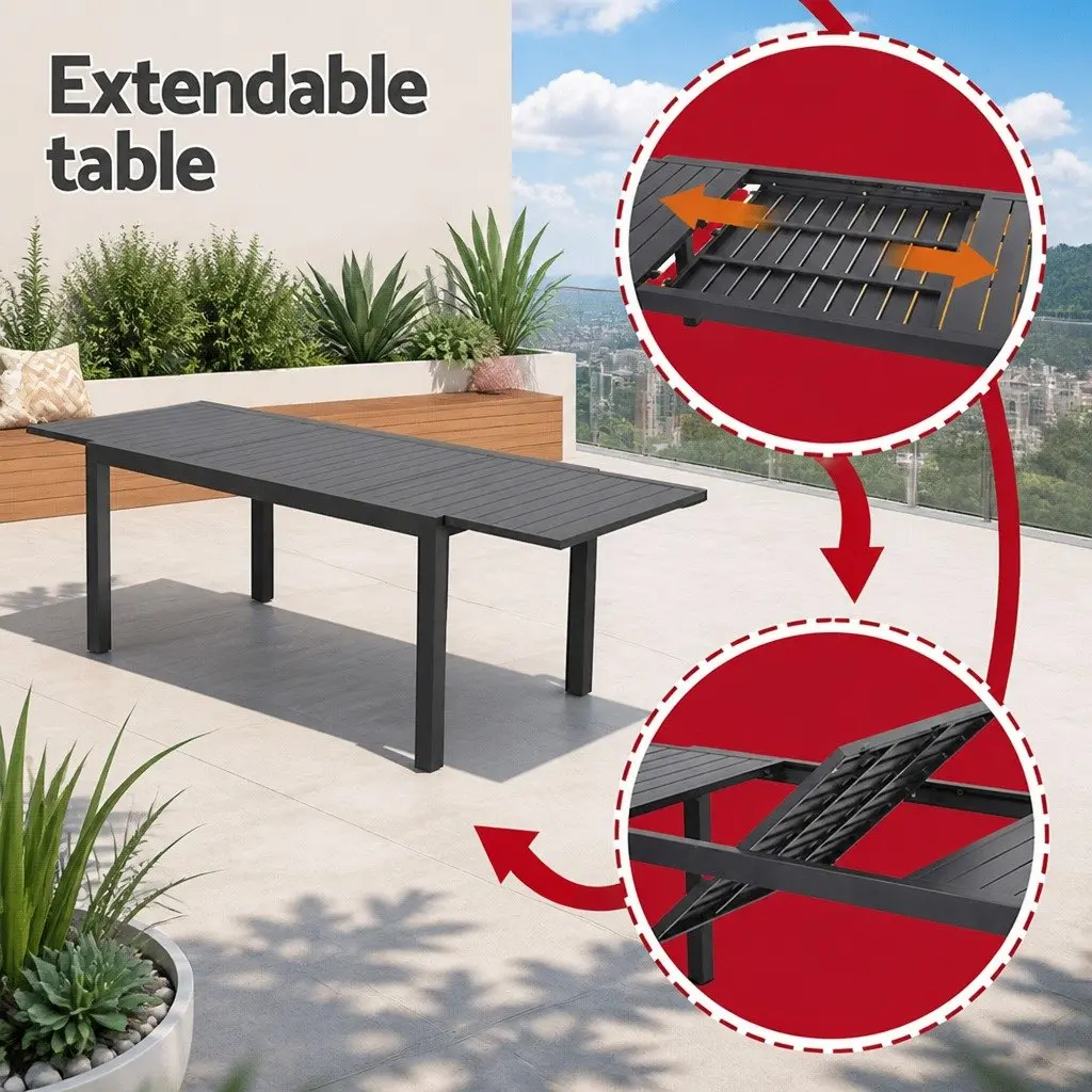 Outdoor Dining Set Black 9 Piece Extendable Aluminium Table and Chairs