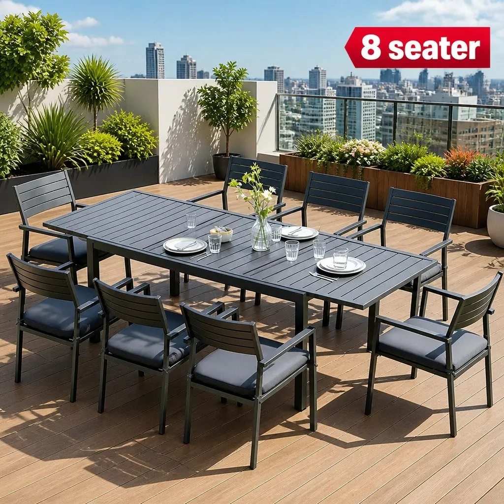 Outdoor Dining Set Black 9 Piece Extendable Aluminium Table and Chairs