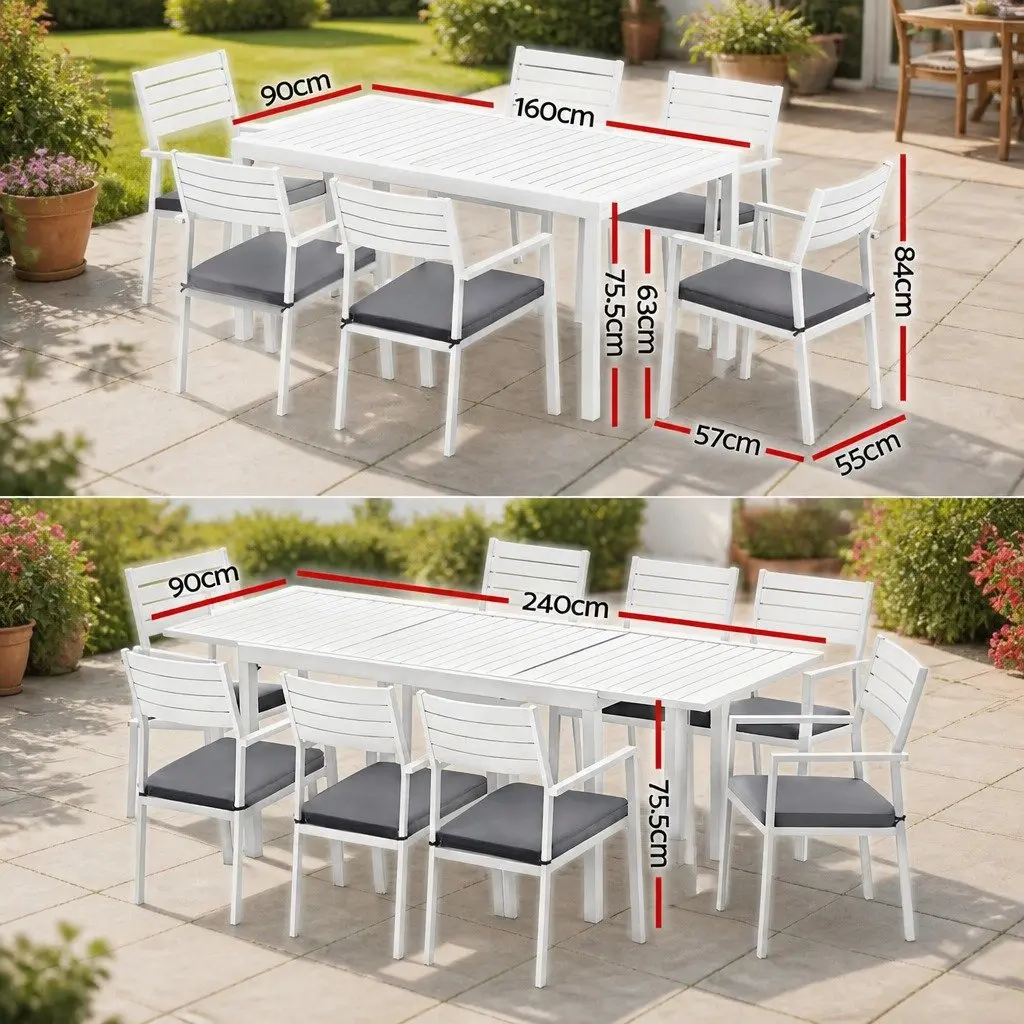 Outdoor Dining Set White 9 Piece Extendable Table and 8 Chairs Powder-Coated Aluminium Frame Water-Resistant Cushions