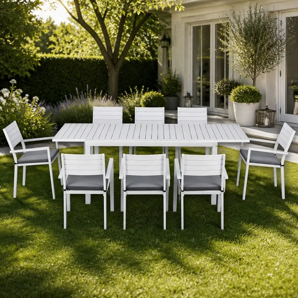 Outdoor Dining Set White 9 Piece Extendable Table and 8 Chairs Powder-Coated Aluminium Frame Water-Resistant Cushions