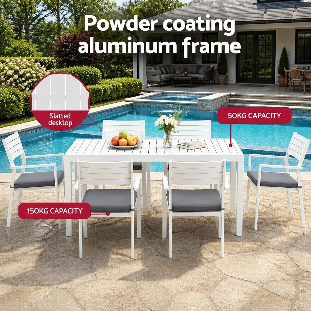 Outdoor Dining Set White 9 Piece Extendable Table and 8 Chairs Powder-Coated Aluminium Frame Water-Resistant Cushions