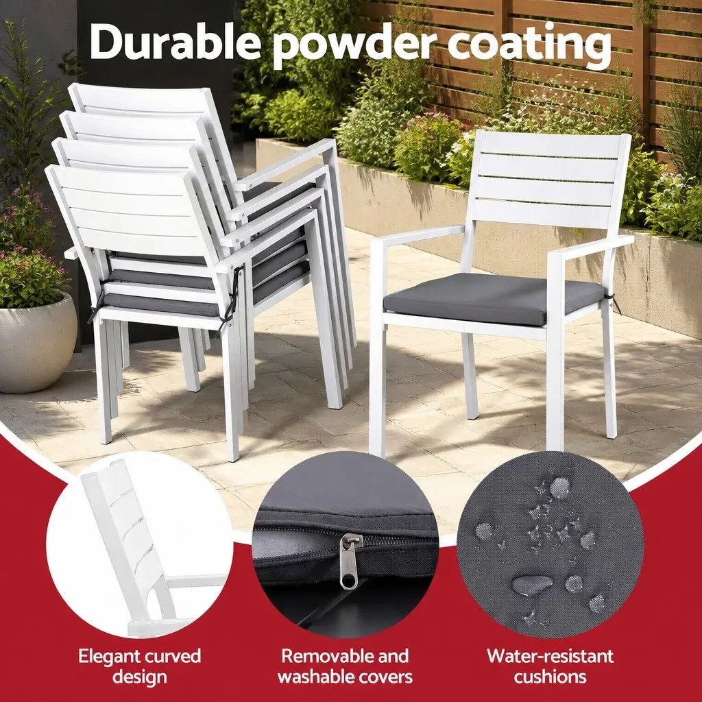 Outdoor Dining Set White 9 Piece Extendable Table and 8 Chairs Powder-Coated Aluminium Frame Water-Resistant Cushions