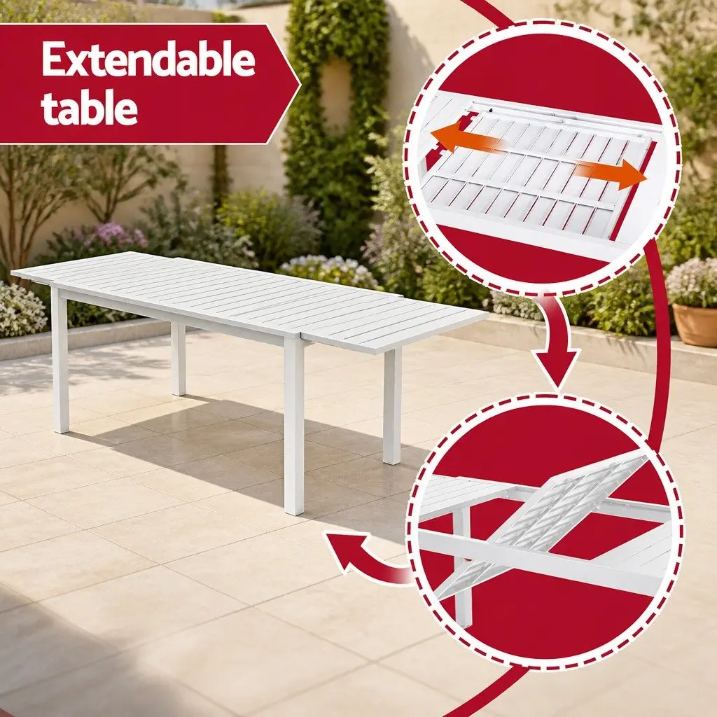 Outdoor Dining Set White 9 Piece Extendable Table and 8 Chairs Powder-Coated Aluminium Frame Water-Resistant Cushions