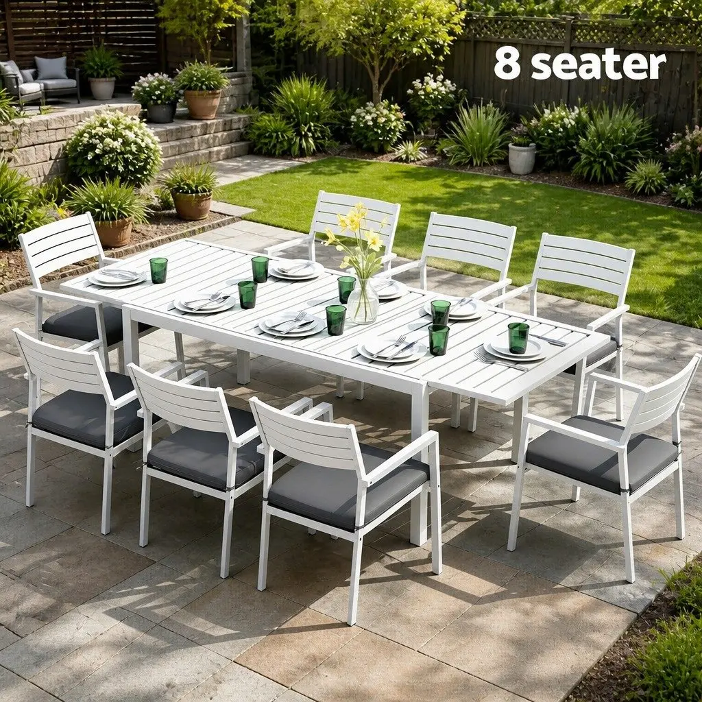 Outdoor Dining Set White 9 Piece Extendable Table and 8 Chairs Powder-Coated Aluminium Frame Water-Resistant Cushions