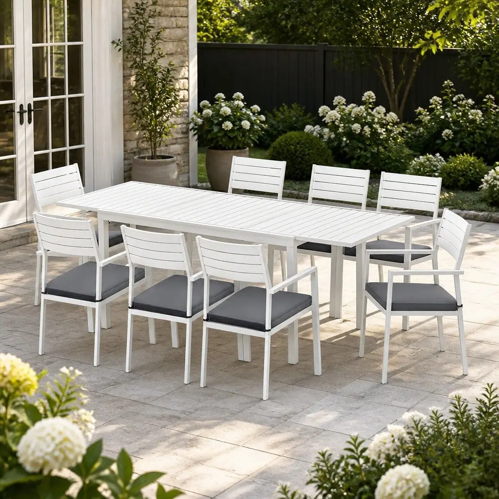 Outdoor Dining Set White 9 Piece Extendable Table and 8 Chairs Powder-Coated Aluminium Frame Water-Resistant Cushions