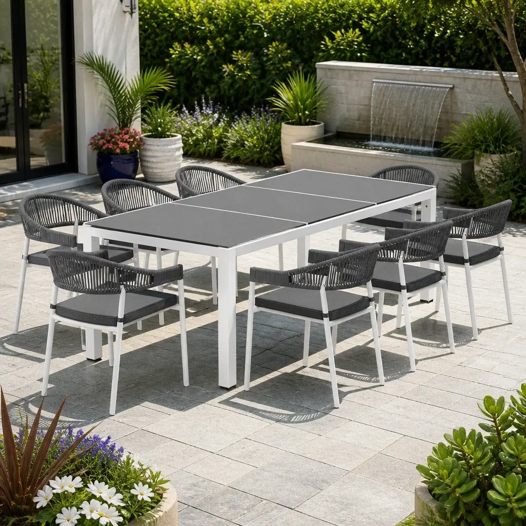 Outdoor Dining Set Grey 9 Piece Steel Table Chairs with Cushions