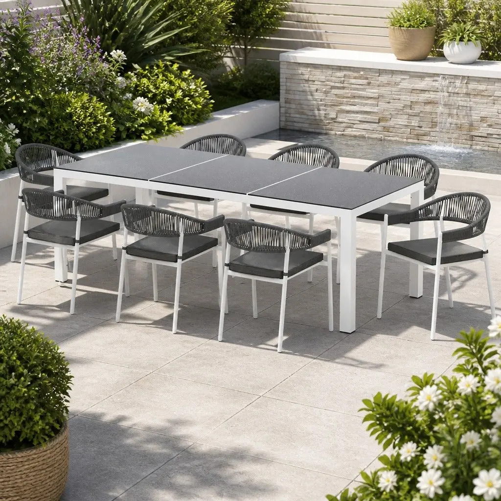Outdoor Dining Set Grey 9 Piece Steel Table Chairs with Cushions