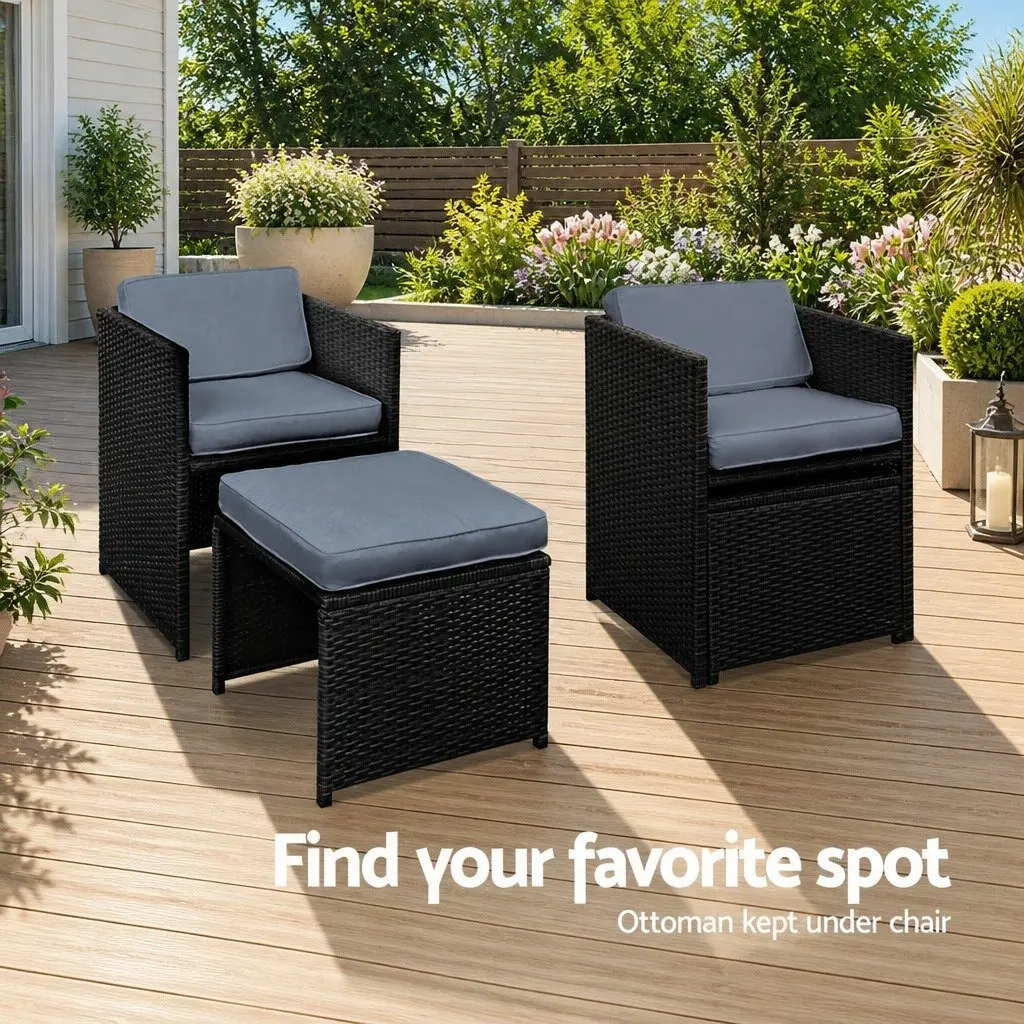 Outdoor Dining Set Black 9 Piece Wicker Table Chair Ottoman for 8 Seaters
