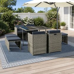 Outdoor Dining Set 9 Piece Wicker Table Chairs Grey Seat Cushions Storage Cover