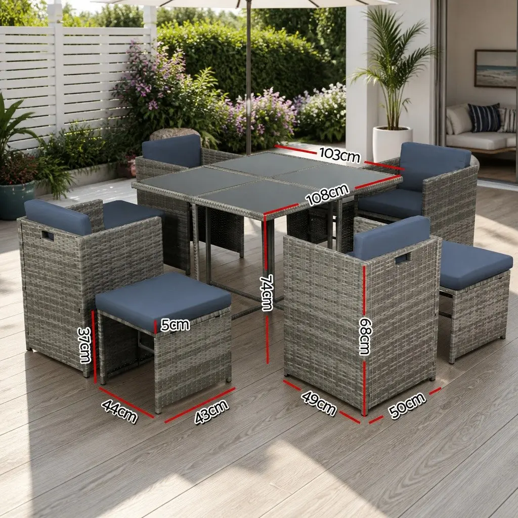 Outdoor Dining Set Grey 9 Piece Wicker Table Chairs with Cushions and Storage Cover