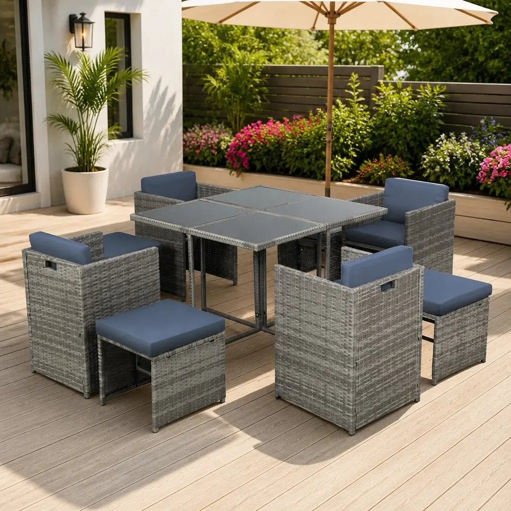 Outdoor Dining Set Grey 9 Piece Wicker Table Chairs with Cushions and Storage Cover