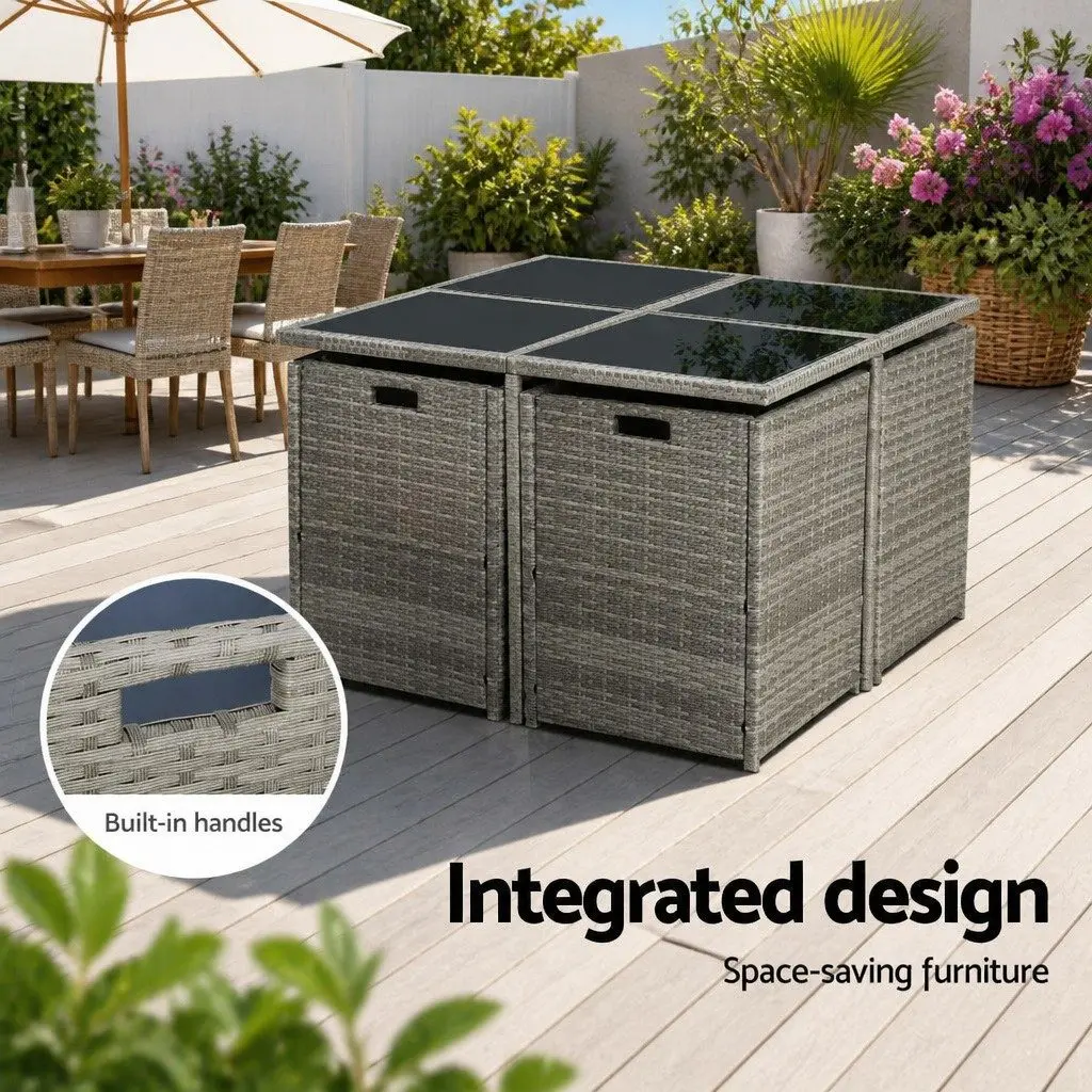Outdoor Dining Set Grey 9 Piece Wicker Table Chairs with Cushions and Storage Cover
