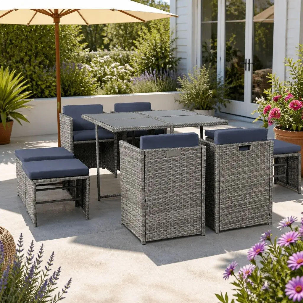 Outdoor Dining Set Grey 9 Piece Wicker Table Chairs with Cushions and Storage Cover