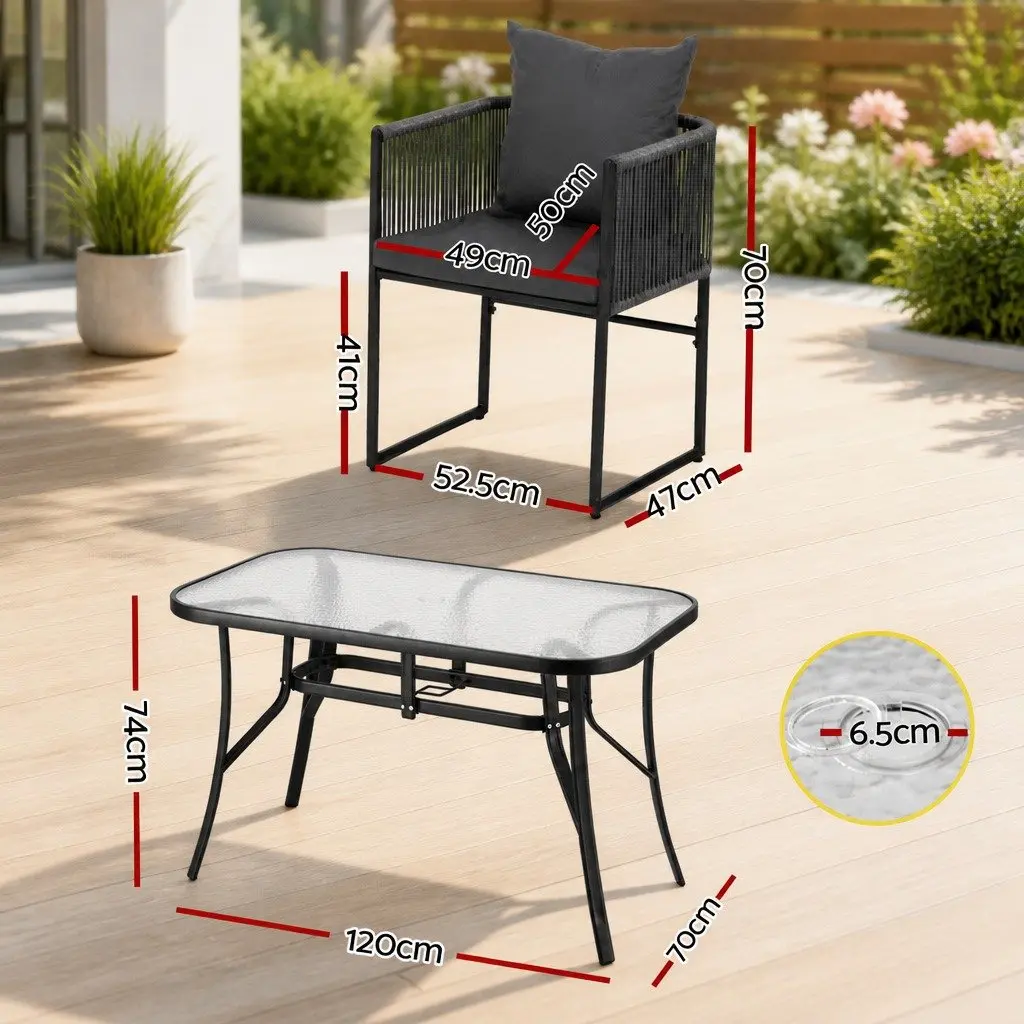 5 Piece Outdoor Dining Set Black Rope Chairs Glass Table Patio Furniture