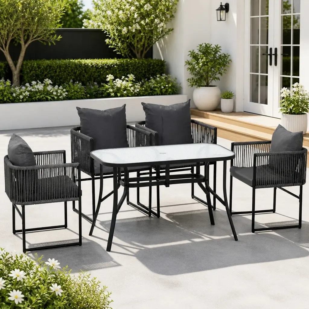 5 Piece Outdoor Dining Set Black Rope Chairs Glass Table Patio Furniture