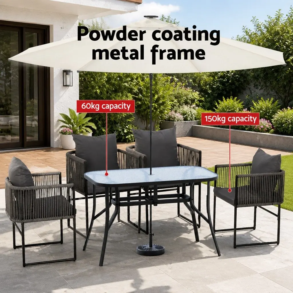 5 Piece Outdoor Dining Set Black Rope Chairs Glass Table Patio Furniture