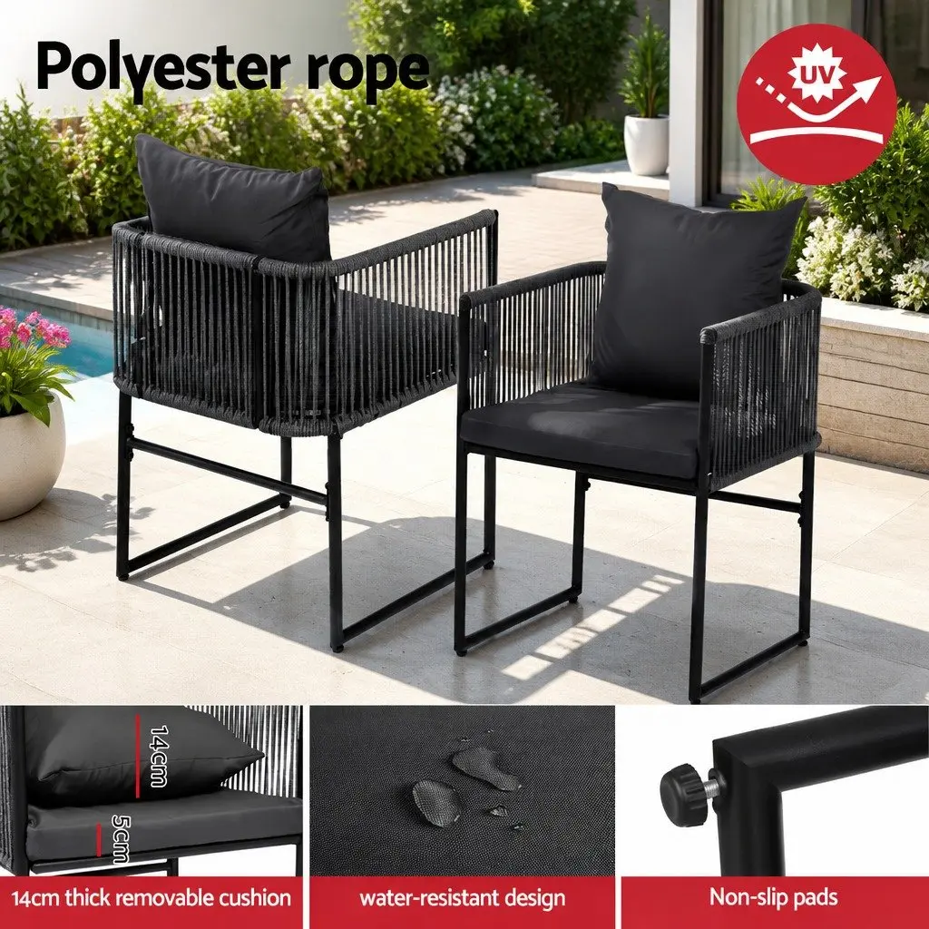5 Piece Outdoor Dining Set Black Rope Chairs Glass Table Patio Furniture