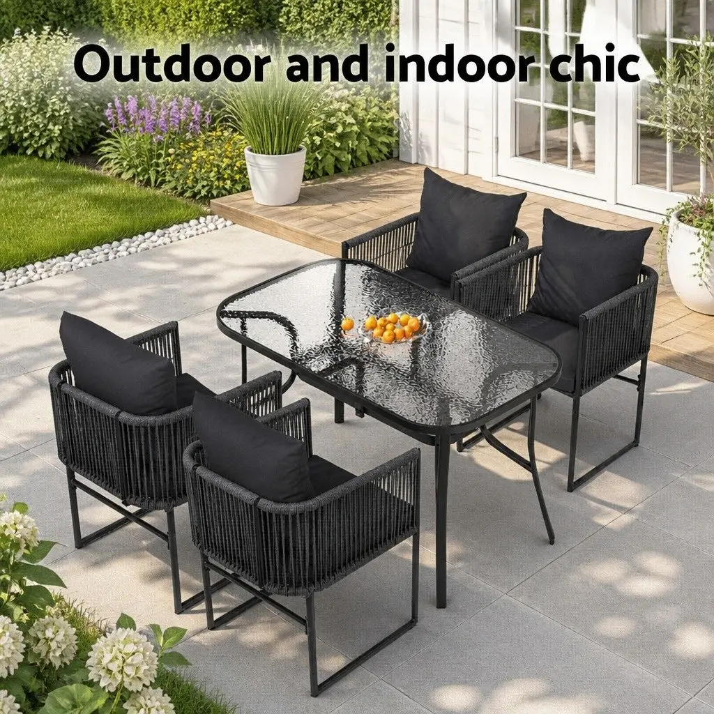 5 Piece Outdoor Dining Set Black Rope Chairs Glass Table Patio Furniture
