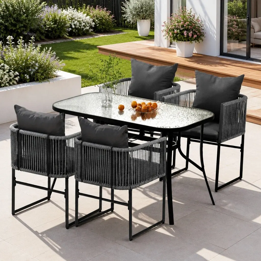 5 Piece Outdoor Dining Set Black Rope Chairs Glass Table Patio Furniture