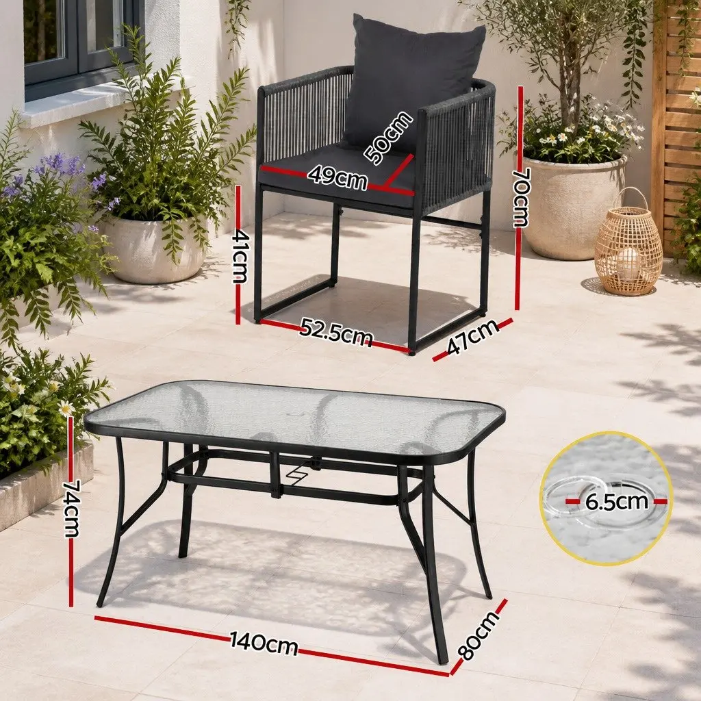 5 Piece Outdoor Dining Set Black Table Grey Cushions Stackable Chairs Patio Furniture