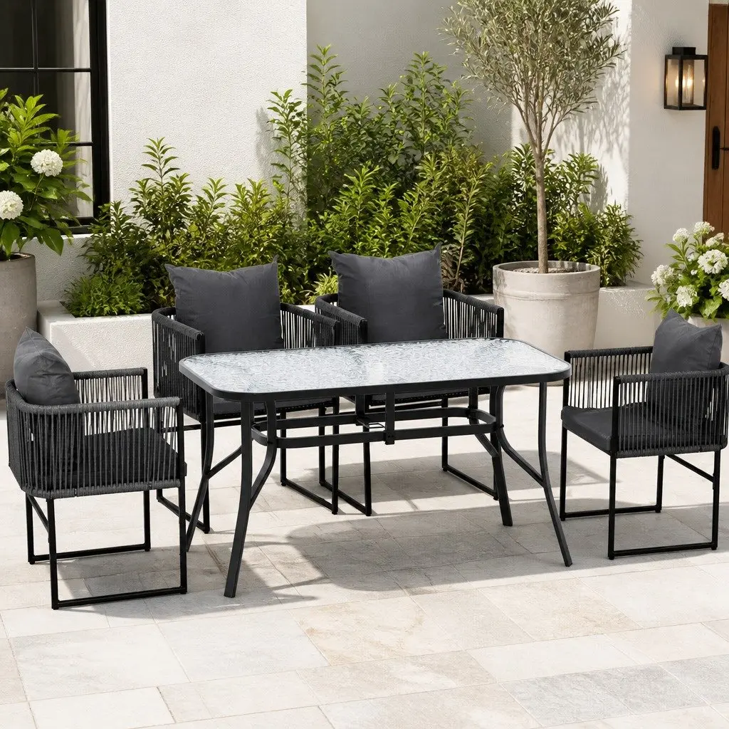 5 Piece Outdoor Dining Set Black Table Grey Cushions Stackable Chairs Patio Furniture