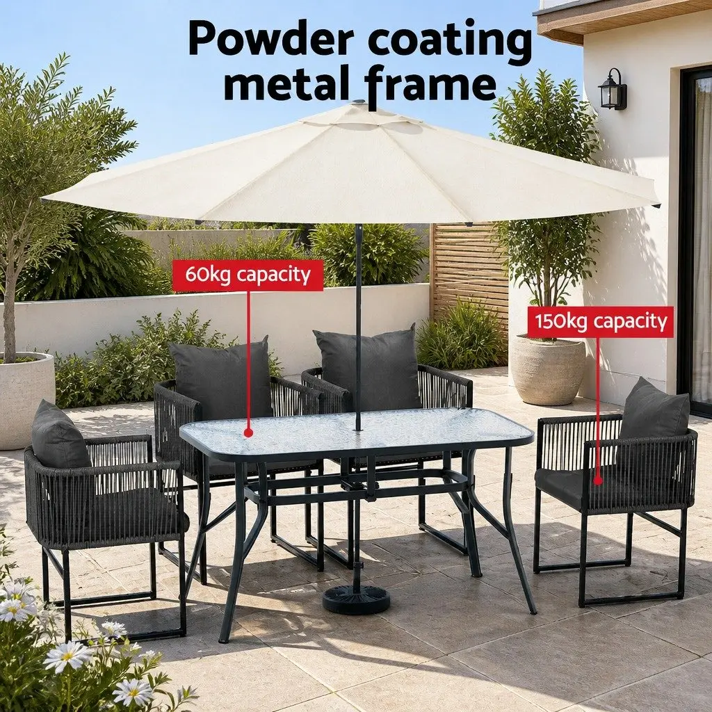 5 Piece Outdoor Dining Set Black Table Grey Cushions Stackable Chairs Patio Furniture