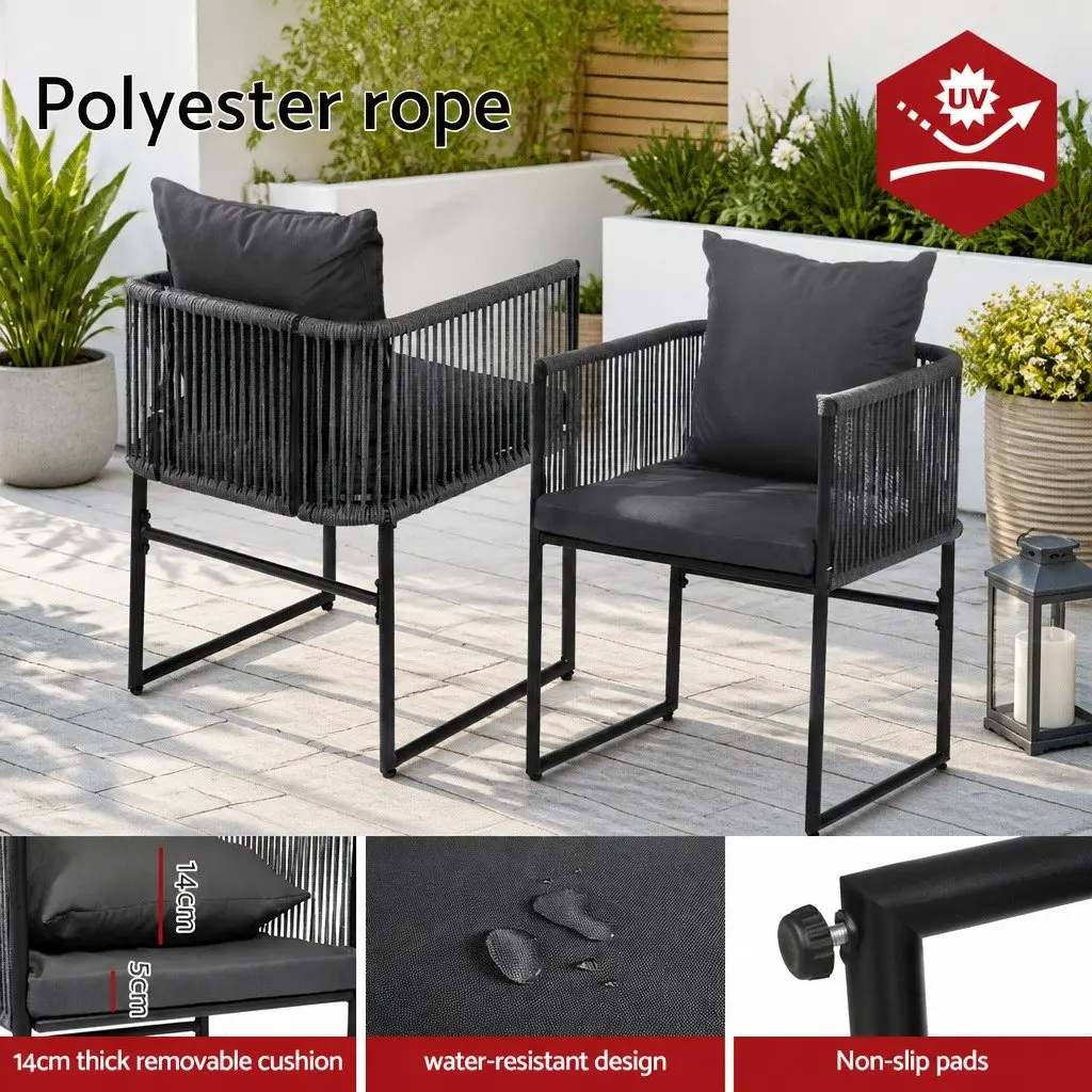 5 Piece Outdoor Dining Set Black Table Grey Cushions Stackable Chairs Patio Furniture
