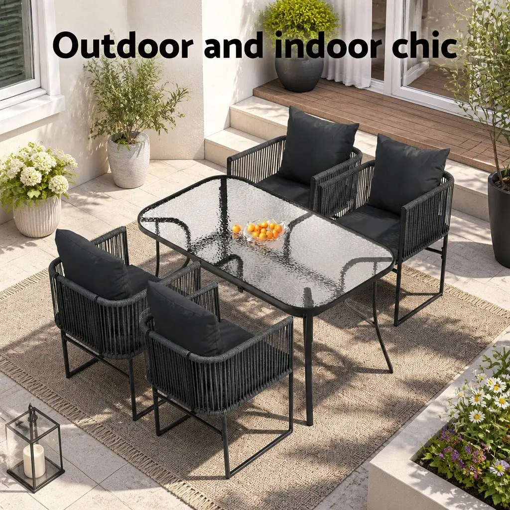 5 Piece Outdoor Dining Set Black Table Grey Cushions Stackable Chairs Patio Furniture