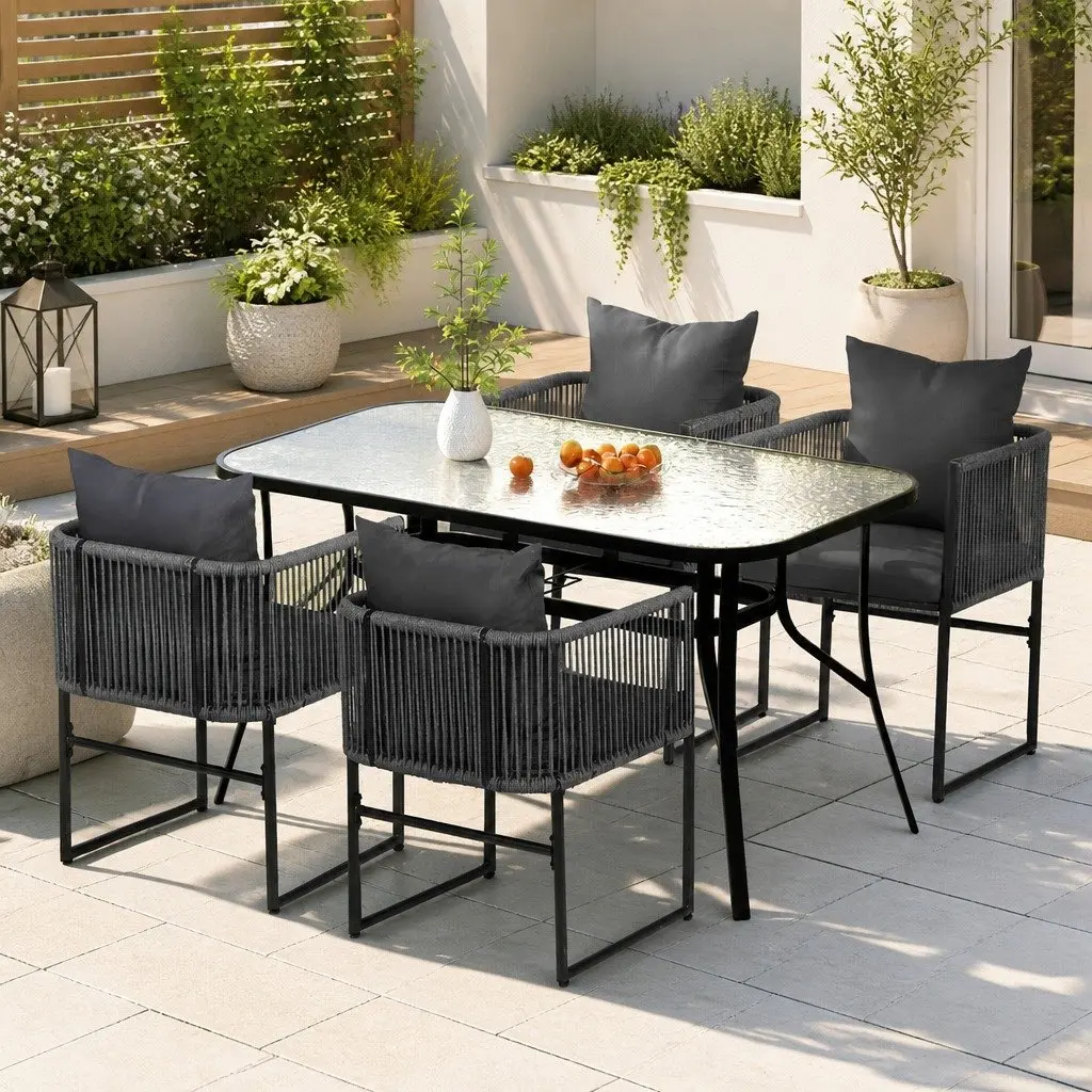 5 Piece Outdoor Dining Set Black Table Grey Cushions Stackable Chairs Patio Furniture