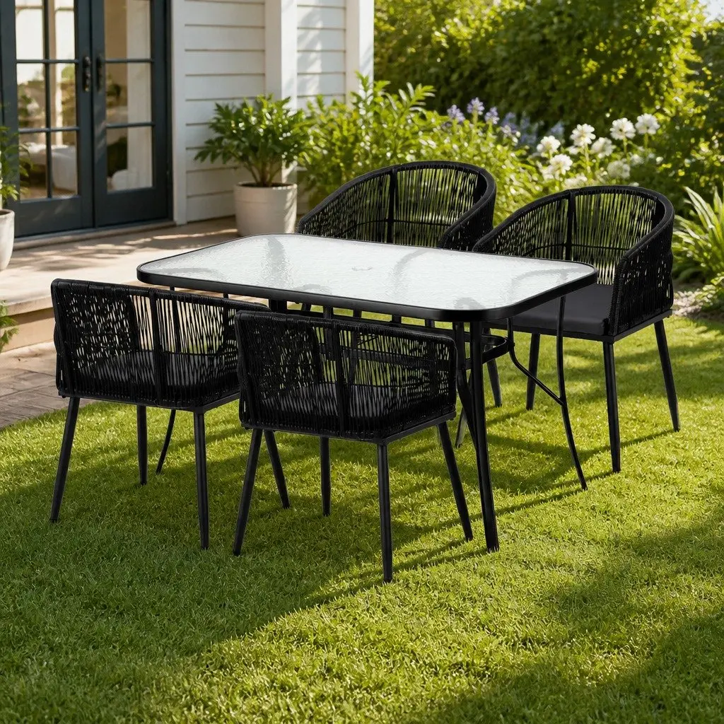 Outdoor Dining Set Black 5 Piece Tempered Glass Table and Hand-Woven Wicker Chairs for Garden and Patio