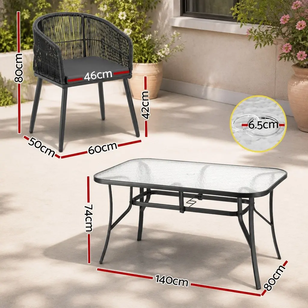 Outdoor Dining Set Black 5 Piece Tempered Glass Table and Hand-Woven Wicker Chairs for Garden and Patio