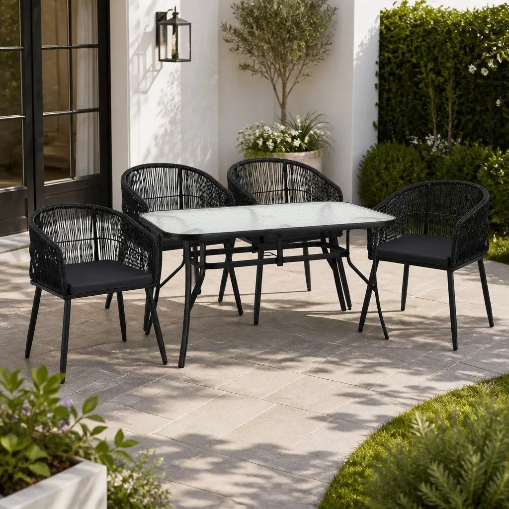 Outdoor Dining Set Black 5 Piece Tempered Glass Table and Hand-Woven Wicker Chairs for Garden and Patio