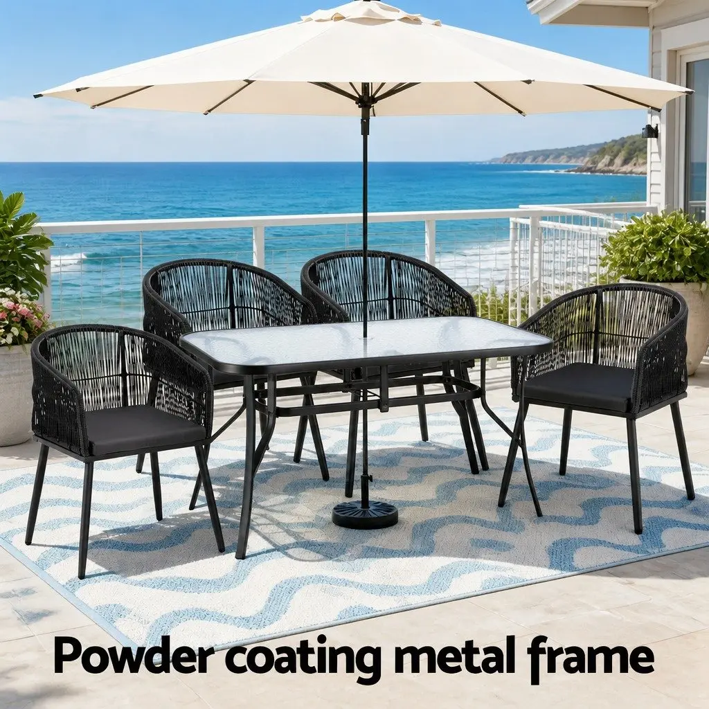 Outdoor Dining Set Black 5 Piece Tempered Glass Table and Hand-Woven Wicker Chairs for Garden and Patio