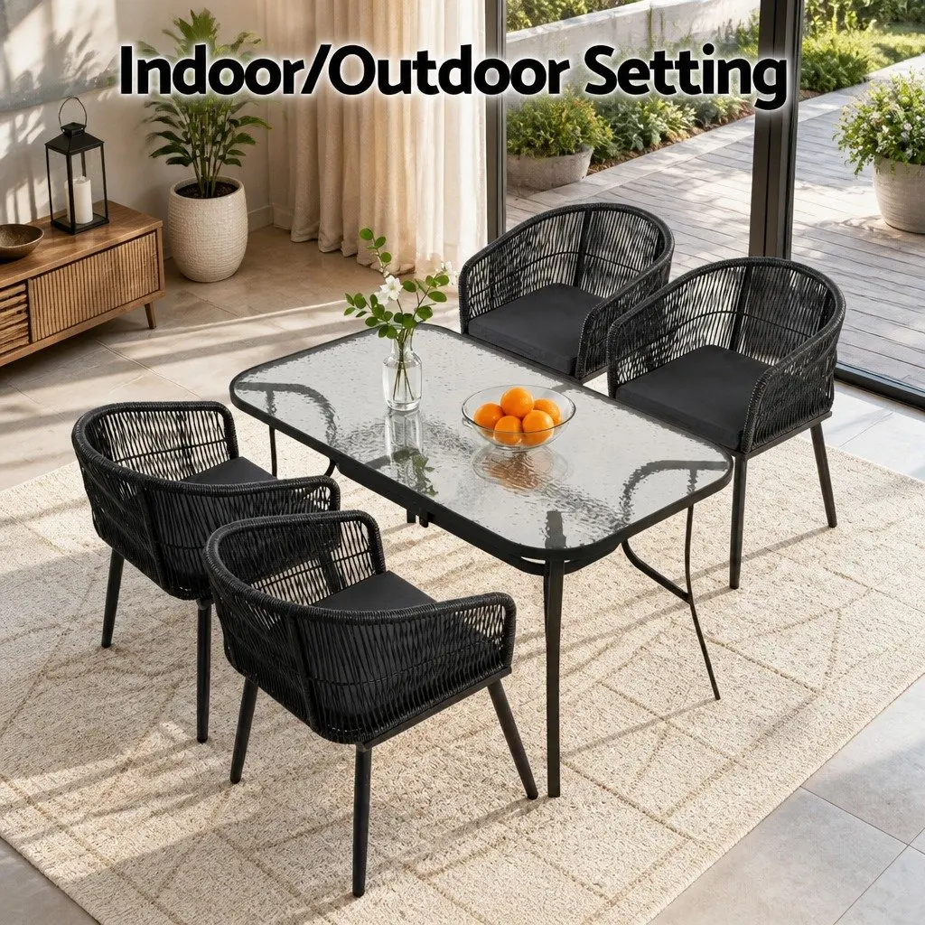 Outdoor Dining Set Black 5 Piece Tempered Glass Table and Hand-Woven Wicker Chairs for Garden and Patio