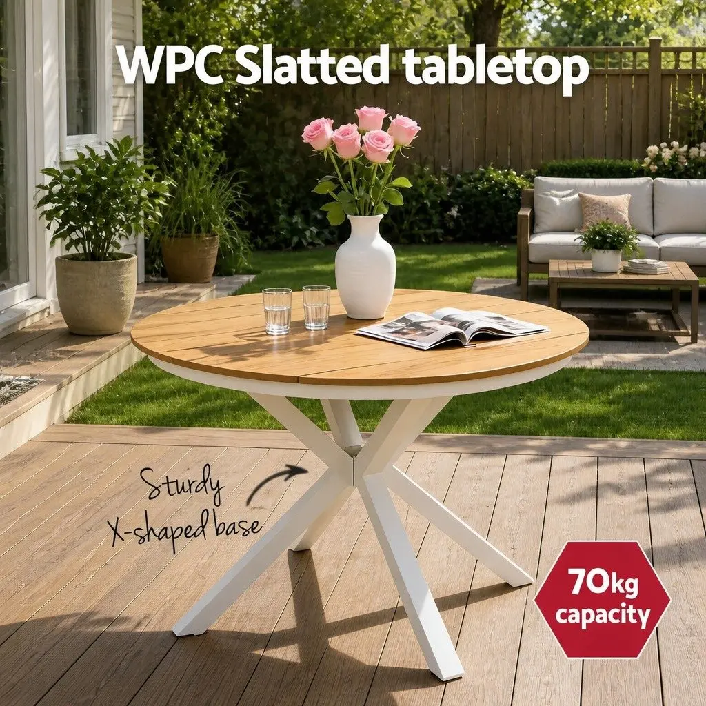 7 Piece Outdoor Dining Set White Steel Stackable Chairs Durable Table
