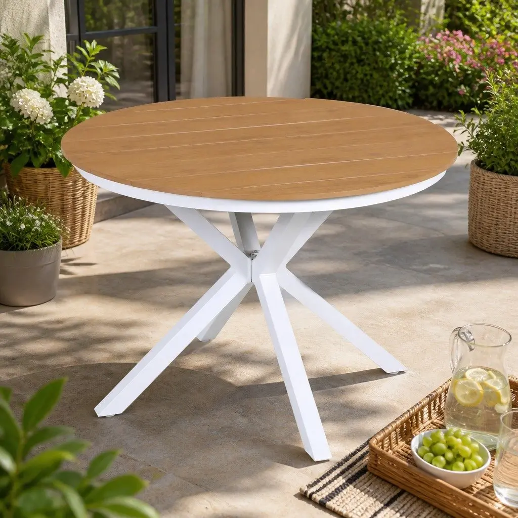 Round Dining Table White 108CM WPC Top Aluminum Frame Weather-Resistant Outdoor Indoor Furniture