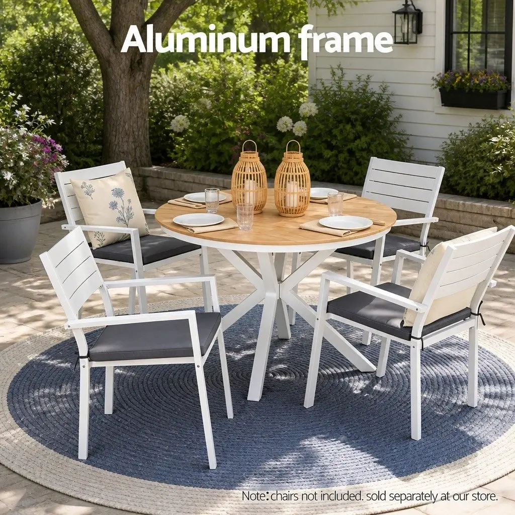 Round Dining Table White 108CM WPC Top Aluminum Frame Weather-Resistant Outdoor Indoor Furniture