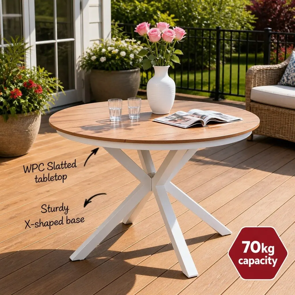 Round Dining Table White 108CM WPC Top Aluminum Frame Weather-Resistant Outdoor Indoor Furniture