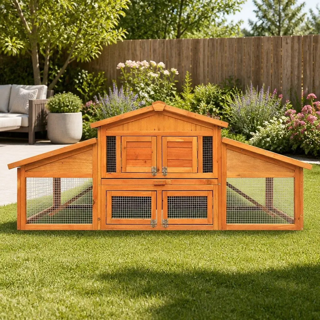 Large Wooden Chicken Coop Rabbit Hutch 169cm Two Level Pet House with Foldable Ramps Asphalt Roof and Slide Out Cleaning Tray