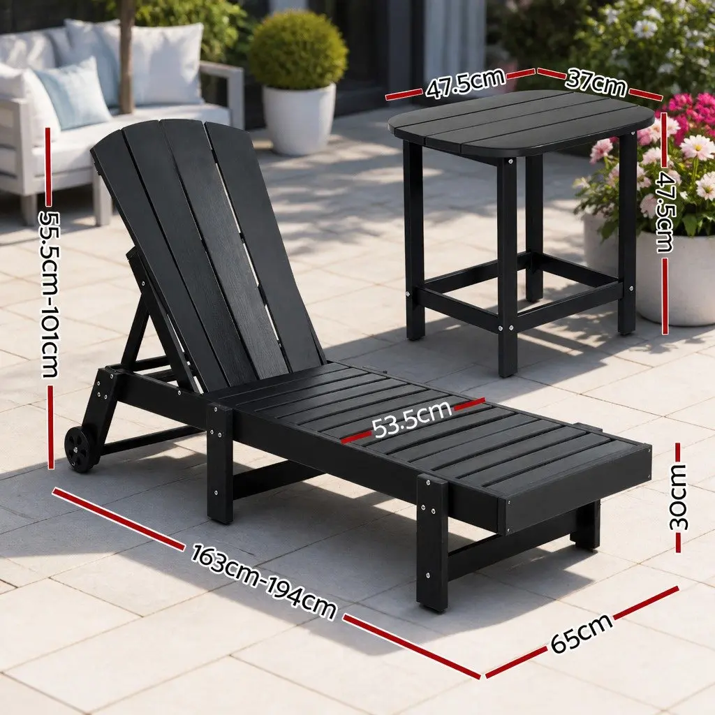 3-Piece Outdoor Sun Lounger Set Black Adjustable Chaise Lounger with Side Table
