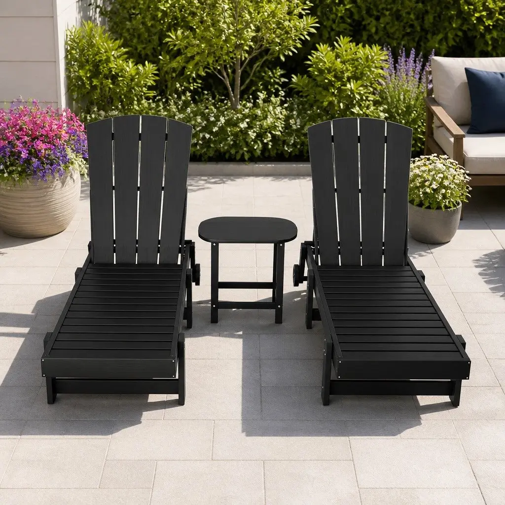 3-Piece Outdoor Sun Lounger Set Black Adjustable Chaise Lounger with Side Table