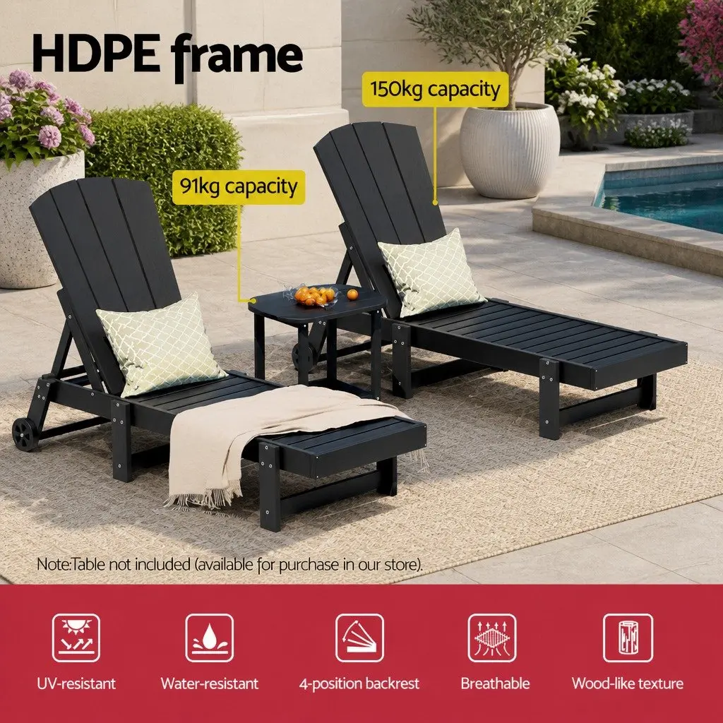 3-Piece Outdoor Sun Lounger Set Black Adjustable Chaise Lounger with Side Table