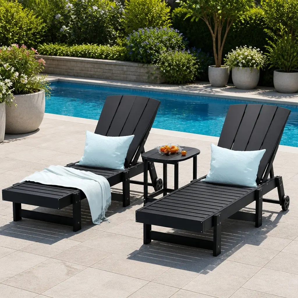 3-Piece Outdoor Sun Lounger Set Black Adjustable Chaise Lounger with Side Table