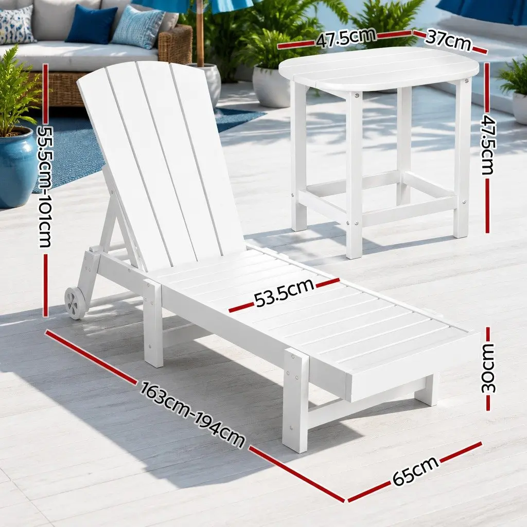 Outdoor Sun Lounge Chair Set White 3-Piece Adjustable Chaise Lounger with Rolling Wheels and Pull-Out Cup Holder
