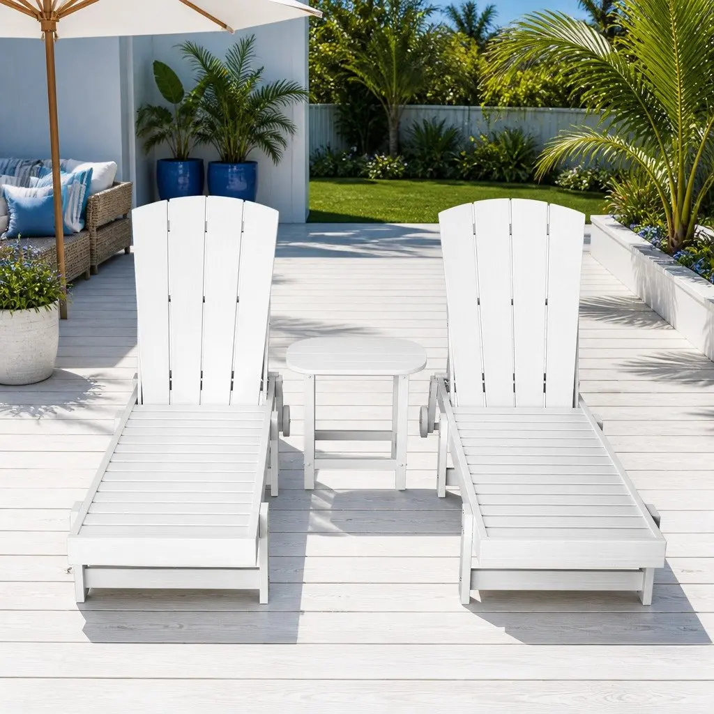 Outdoor Sun Lounge Chair Set White 3-Piece Adjustable Chaise Lounger with Rolling Wheels and Pull-Out Cup Holder