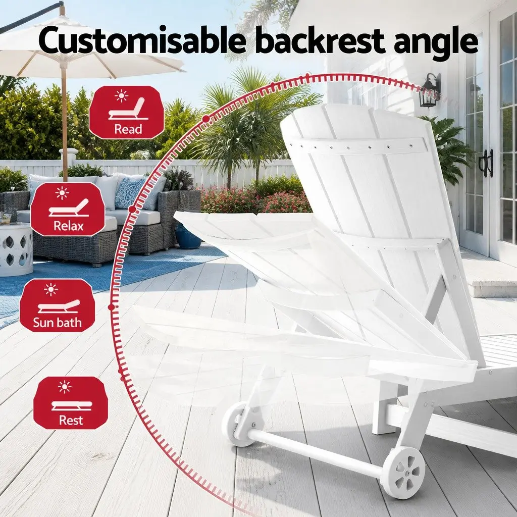 Outdoor Sun Lounge Chair Set White 3-Piece Adjustable Chaise Lounger with Rolling Wheels and Pull-Out Cup Holder