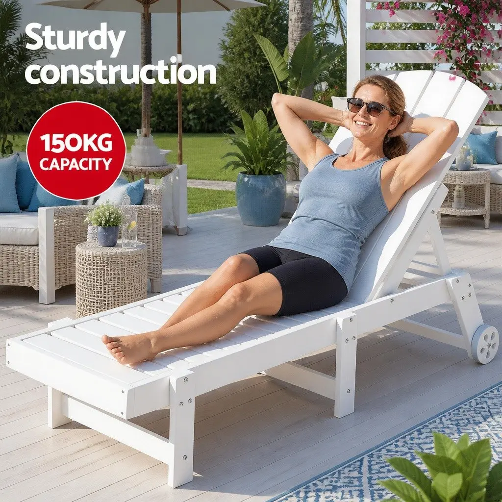 Outdoor Sun Lounge Chair Set White 3-Piece Adjustable Chaise Lounger with Rolling Wheels and Pull-Out Cup Holder